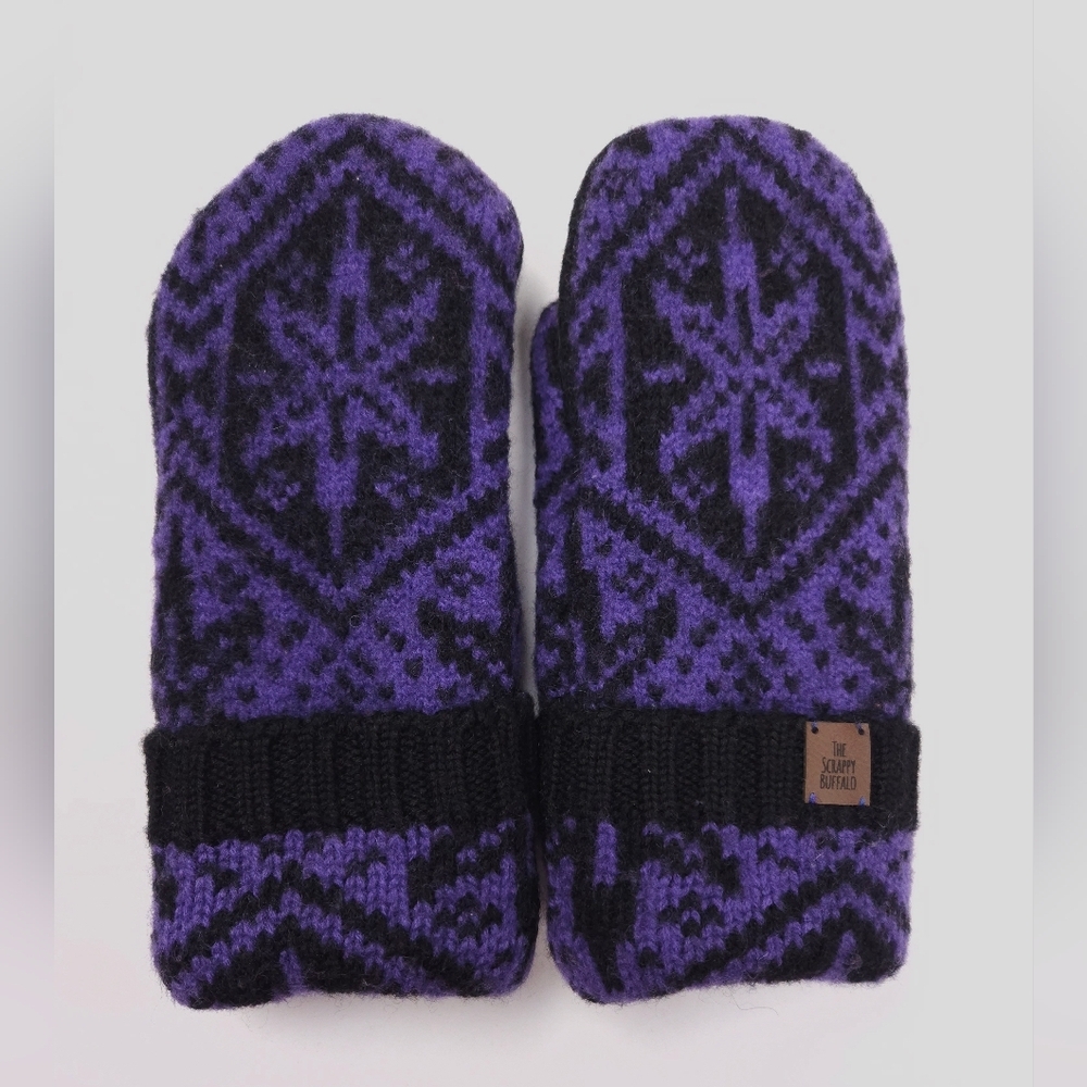 Upcycled Wool Black Purple Sweater Mittens Sherpa Fleece Lined NEW Adult M/L
